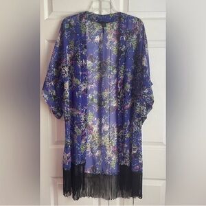 Steve Madden Sheer Blue Floral Print Kimono Cardigan Fringe Bottom One Size